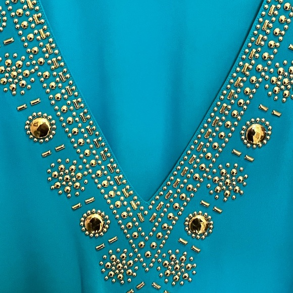 🟡MICHAEL KORS LOVED AUTHENTIC TEAL EMBELLISHED TUNIC V-NECK EMBELLISHED BLOUSE - Picture 14 of 14